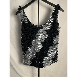 Cyn Les Vintage Sequin Wool Top – Size Small Black Silver Heavy Beaded Tank